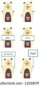 set of images of bears. sad and happy. with a sign in his hand.