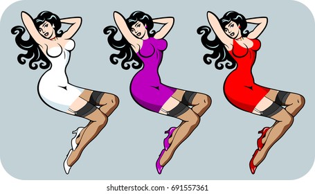 A set of images of beautiful girls in mini dresses and stockings. Pin Up Style