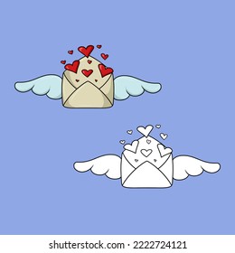 A set of images, a beautiful romantic closed envelope with wings and hearts in cartoon style, a declaration of love, vector illustration