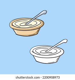 Conjunto de imágenes, placa profunda de cerámica beige con avena, crema agria gruesa, con una cuchara, ilustración vectorial al estilo de dibujos animados sobre un fondo de color