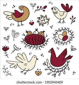 Set of images of birds. Design elements in doodle style. Natural style, branches, plants, eggs, nests. Black outline with colored accents on a white background.