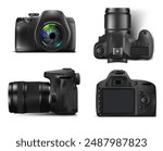 A set of images of a black digital camera in different angles. Vector illustration