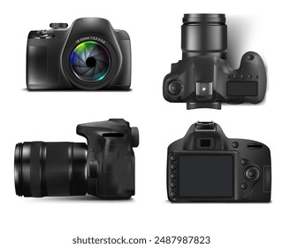 A set of images of a black digital camera in different angles. Vector illustration