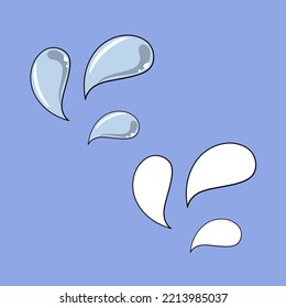 A set of images, blue curved water droplets, splashes, vector illustration in cartoon style on a colored background