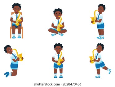 Set of images of a boy playing saxophone Cartoon style. Vector.