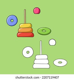 A set of images, a bright color disassembled pyramid, details of toys for children, vector illustration on a colored background