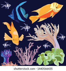 set of images of bright colorful striped exotic fish , lilac coral , actinium isolated on dark blue background