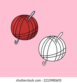 A set of images, a bright red ball of knitting thread with a metal hook, a vector illustration in cartoon style on a colored background