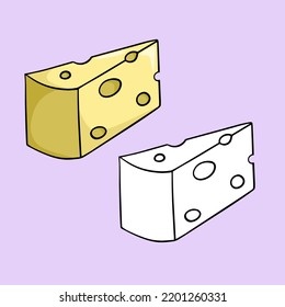 A set of images, a bright yellow triangular piece of cheese, a vector illustration in cartoon style on a colored background