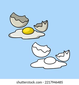 Set of images, broken egg, eggshell, egg glaze, vector illustration in cartoon style on a colored background