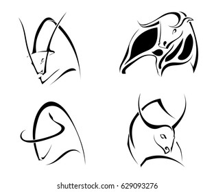 Set of images of bulls. Abstract stylized buffalo on a white background. Vector illustration