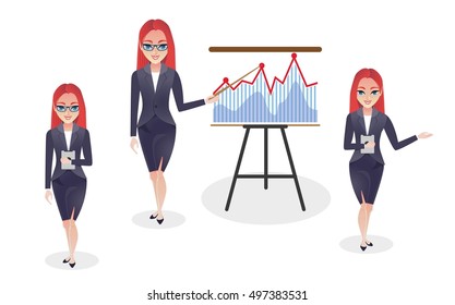 Set of images of business women in various poses. Women in the office, at the meeting.