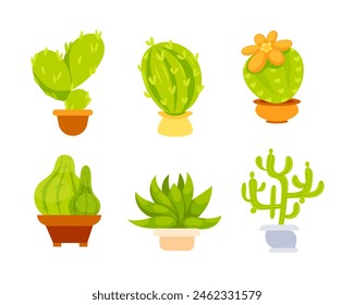 A set of images of cacti in pots in a cute cartoon flat style.