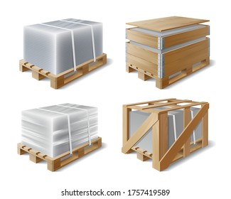 Set of Images of cargo on wooden pallet. Cargo wrapped plastic stretch film and bubble wrap. Cargo in a wooden crate, Wooden box with cargo. Example of product packaging. The symbol transport delivery