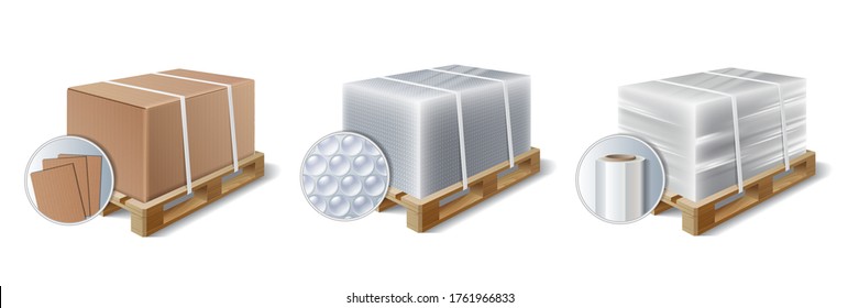 Set Of Images Of Cargo On Wooden Pallet. Cargo Wrapped Plastic Stretch Film And Bubble Wrap. Cargo In A Cardboard Box. Example Of Product Packaging. The Symbol Transport Delivery