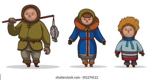 set of images of cartoon eskimo people. three person. Father with fish, mother and son. All wearing traditional costumes. vector illustrations