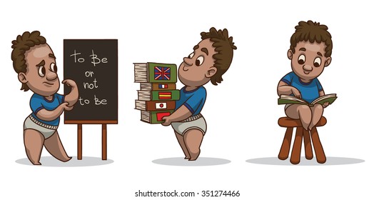 Set of images of cartoon little boy who is learning something. He is young and smart. He is sitting and reading books. Standing and looking at the blackboard. Carrying many books. Vector illustration.