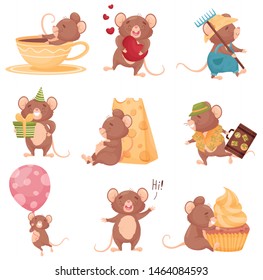 Set of images of cartoon mice. Vector illustration on white background.