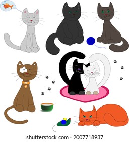 A set of images of cats. Funny and cute pets drawn in a cartoon style. Vector graphics.