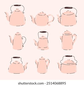 Conjunto de Imágenes de teteras de cerámica para té y café. Ilustración vectorial plana.