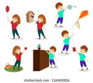 A set of images of children, children play, children help, girls and boys. Template, vector
