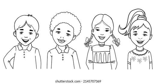 Un conjunto de imágenes con niños, dos adolescentes y dos niñas, esbozan la ilustración aislada en blanco. Lineal para colorear. Imagen vectorial.