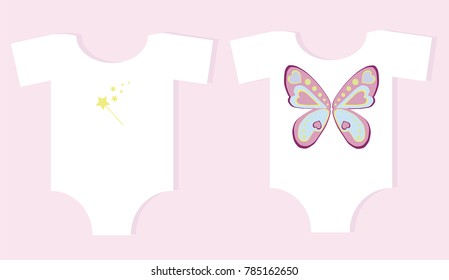 Set of images for children's clothes prints, fairy wings and magic wand, vector illustration