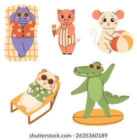 Conjunto de imagens no estilo infantil. Animais bonitos estão relaxando nas férias. Crocodilo, hipopótamo, hamster, rato, porco. Ilustração de vetor plano.