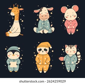 Set of images in children's style. Sleeping animals in pajamas. Cat, cow, penguin, giraffe, panda, mouse. Flat vector illustration.