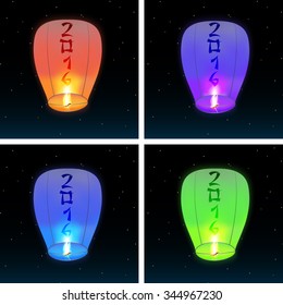 Set of images of Chinese lanterns, flying in the night sky star, vector illustration