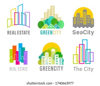 Set of images of colorful silhouettes of multi-storey buildings and structures, skyscrapers, shopping, entertainment and financial business centers. Private houses. Logo of real estate, green city.