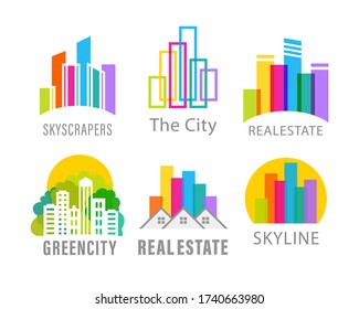 Set of images of colorful silhouettes of multi-storey buildings and structures, skyscrapers, shopping, entertainment and financial business centers. Private houses. Logo of real estate, green city.