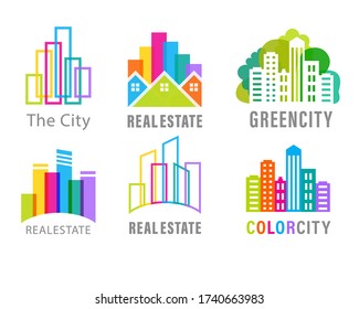 Set of images of colorful silhouettes of multi-storey buildings and structures, skyscrapers, shopping, entertainment and financial business centers. Private houses. Logo of real estate, green city.