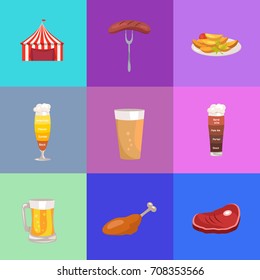 Set of images concerning oktoberfest vector illustration including a red tent, sausage on fork, glass of bright and dark beer, meat and ham.