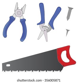 A set of images consisting of pliers, garden shears, screws and saws