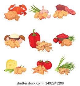 Set of images of croutons slices with different products. Vector illustration on white background.
