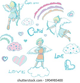 A set of images (cupid, clouds, heart) in gentle colors on a white background (vector)