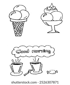 set of images of cups of coffee and ice cream in black outline on a white background, vector