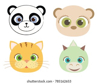 Set of images of cute animals cat, dragon, panda, lemur, vector illustration