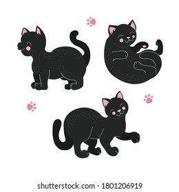 Set of images of cute black cat in various poses. Kittens play isolated on white background, vector eps 10 illustration
