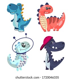 Set of images of cute little monster dinosaurs. Art dinosaur monster for children's clothing. Vector illustration