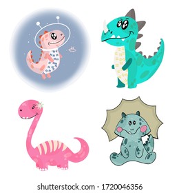 Set of images of cute little monster dinosaurs. Art dinosaur monster for children's clothing. Vector illustration