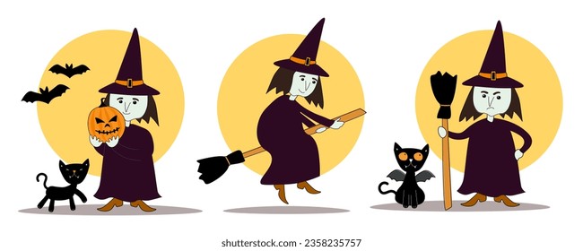 A set of images with a cute witch on a broom, with a pumpkin in her hands, with a black cat and bats. Vector graphics of Halloween cartoon.