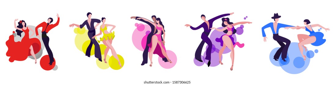 A Set Of Images Of Dancing Couples On The Latin American Dance Program. Couples Dance Samba, Rumba, Paso Doble, Jive, Cha-cha-cha.