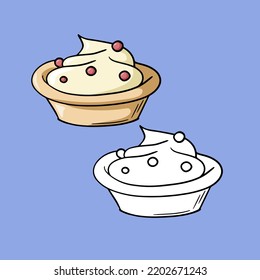 Eine Reihe von Bildern, eine tiefe Keramikplatte mit Dessert, leckere Sauce mit Beeren, eine Vektorgrafik im Cartoon-Stil auf buntem Hintergrund