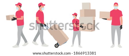 Set of images with a delivery man. Full-length courier with boxes. Delivery man carries boxes. Post office worker delivers parcels. Courier wearing a mask and gloves, delivery during quarantine. 