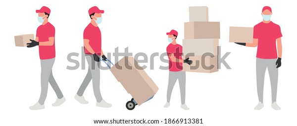 Set of images with a delivery man. Full-length courier\
with boxes. Delivery man carries boxes. Post office worker delivers\
parcels. Courier wearing a mask and gloves, delivery during\
quarantine. 