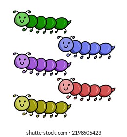 Un conjunto de imágenes, diferentes orugas graciosas y lindas de color, ilustración vectorial de dibujos animados sobre un fondo blanco, imagen infantil