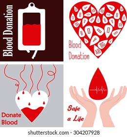Set of images with different elements for blood donation. Vector illustration