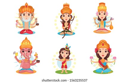 Set of images of different indian gods. Vector illustration on a white background.